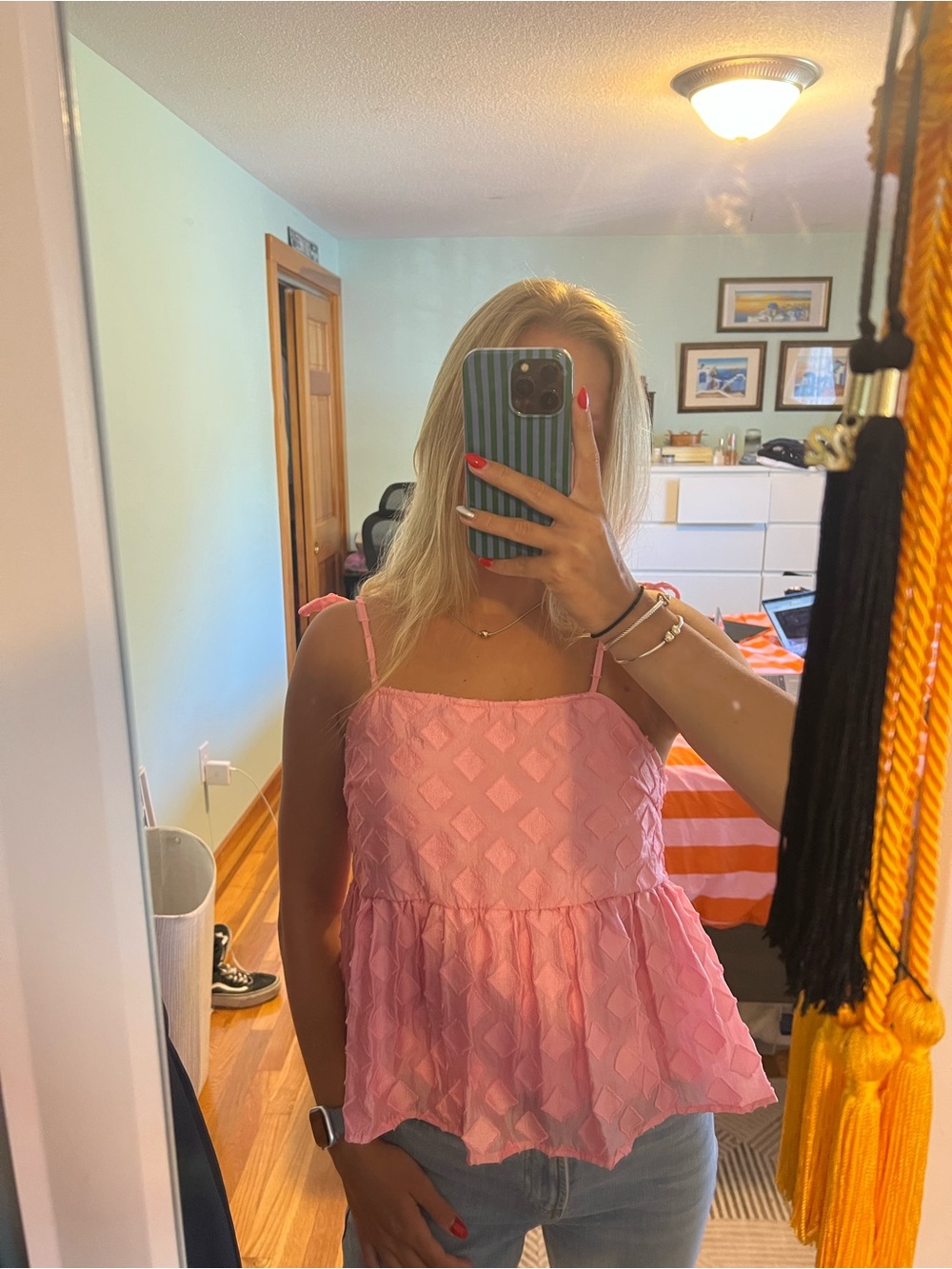 Pink Tie Strap Summer Tank Top